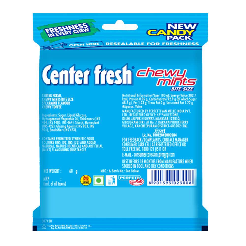 CENTER FRESH Mints Chewy Mints, Spearmint Flavour Candy Pouch back