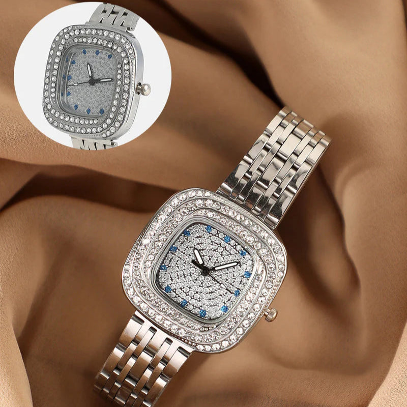 The Embellished Block Round Watch – Metallic Silver