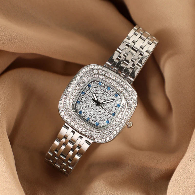 The Embellished Block Round Watch – Metallic Silver