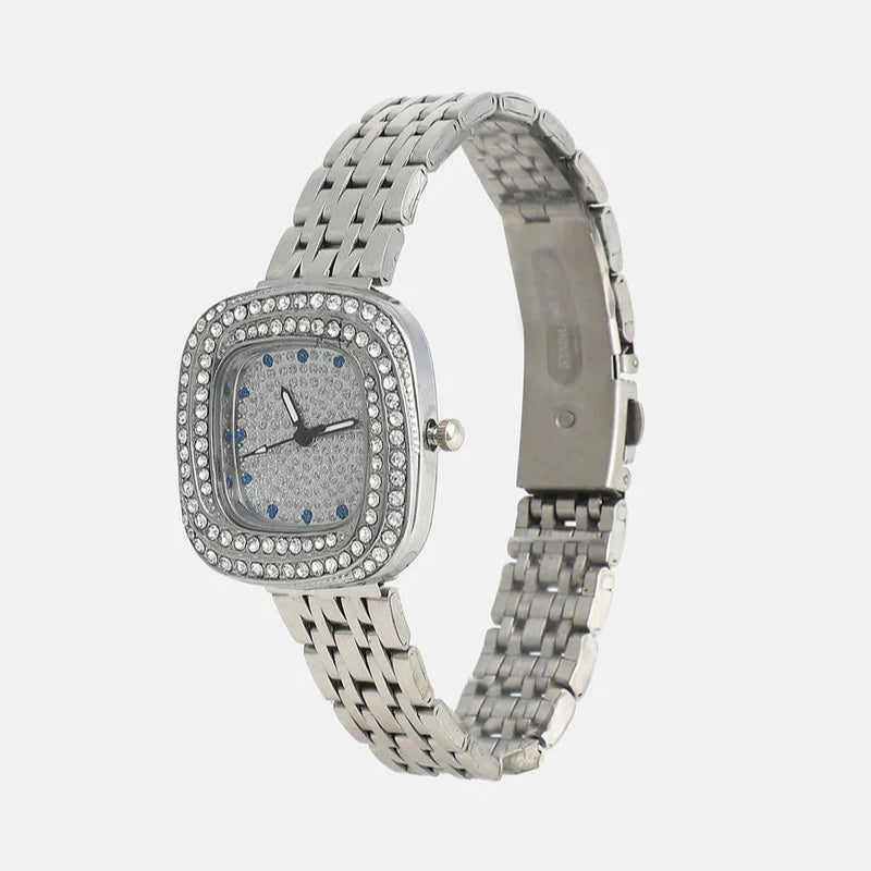 The Embellished Block Round Watch – Metallic Silver