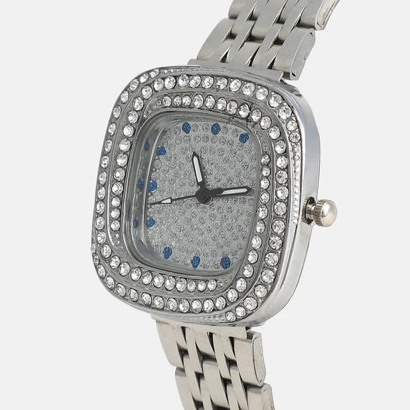 The Embellished Block Round Watch – Metallic Silver