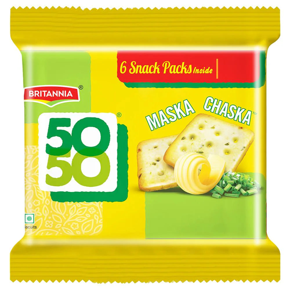 Britannia 50-50 Maska Chaska Biscuits, irresistible flavors, rich butter, unique snacking experience, crispy texture, creamy indulgence, tea time snack, delicious, Britannia signature taste