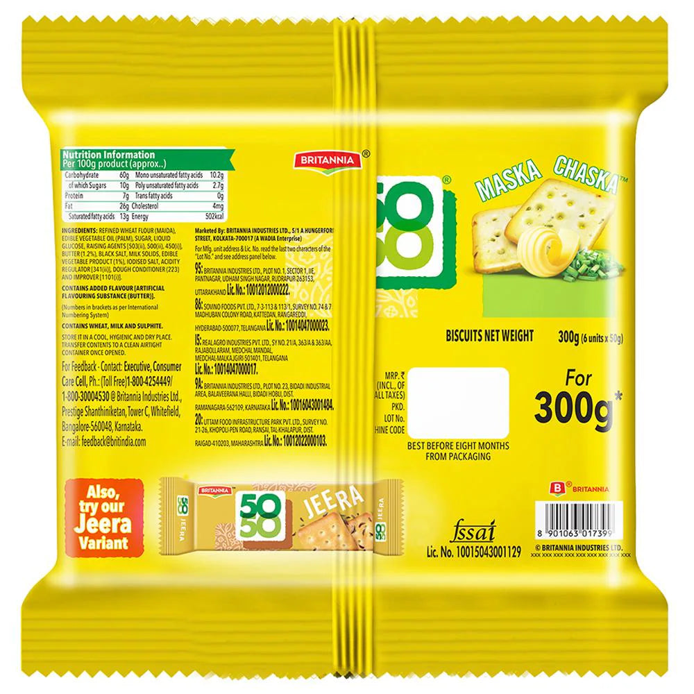 Britannia 50-50 Maska Chaska Biscuits, irresistible flavors, rich butter, unique snacking experience, crispy texture, creamy indulgence, tea time snack, delicious, Britannia signature taste back