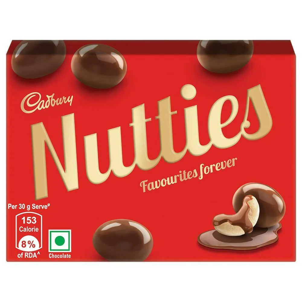 Cadbury Nutties, chocolate-coated nuts, crunchy, indulgence, sweetness, nuts assortment, cashews, almonds, hazelnuts, snack, treat.