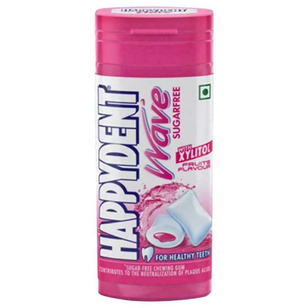 Happydent Wave Sugarfree Chewing Gum, fruits flavor, xylitol, refreshing, guilt-free, breath freshening, invigorating, on-the-go, long-lasting freshness.