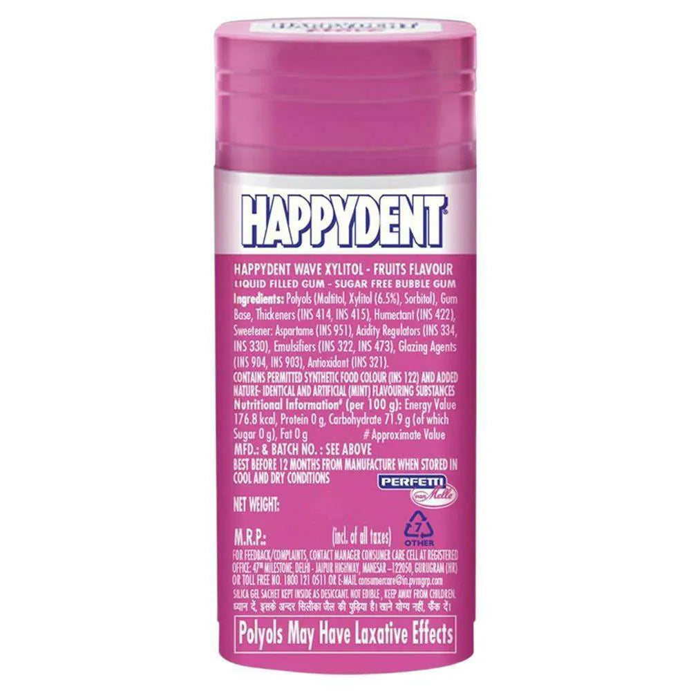 Happydent Wave Sugarfree Chewing Gum, fruits flavor, xylitol, refreshing, guilt-free, breath freshening, invigorating, on-the-go, long-lasting freshness. Back