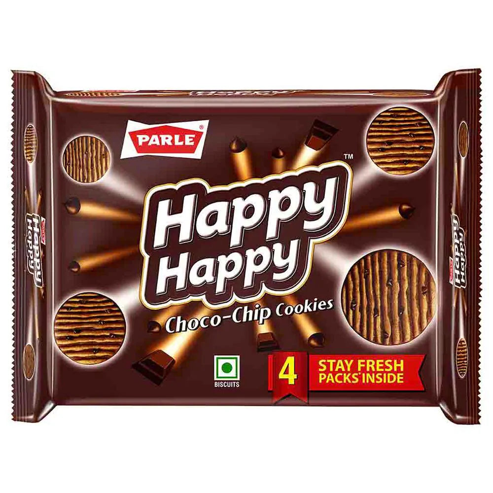 Parle Happy Happy Choco-Chip Cookies, chocolate chip, premium quality, delicious, crunchy, indulgent, delightful, snack, treat, joy, happiness 