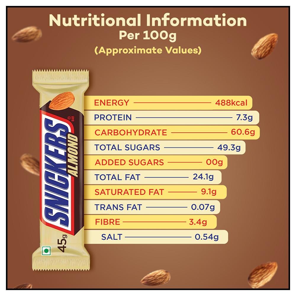 Snickers Almond Filled Chocolate Bar, decadence, nutty satisfaction, rich chocolate, crunchy almonds, creamy caramel, nougat, satisfying snack, blissful indulgence. Nutrition